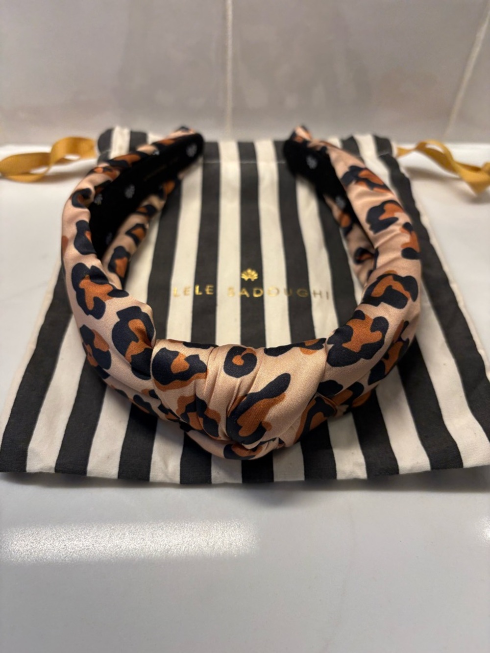 Lele Sadoughi Pink Leopard Knotted Headband with Black & Brown Spots